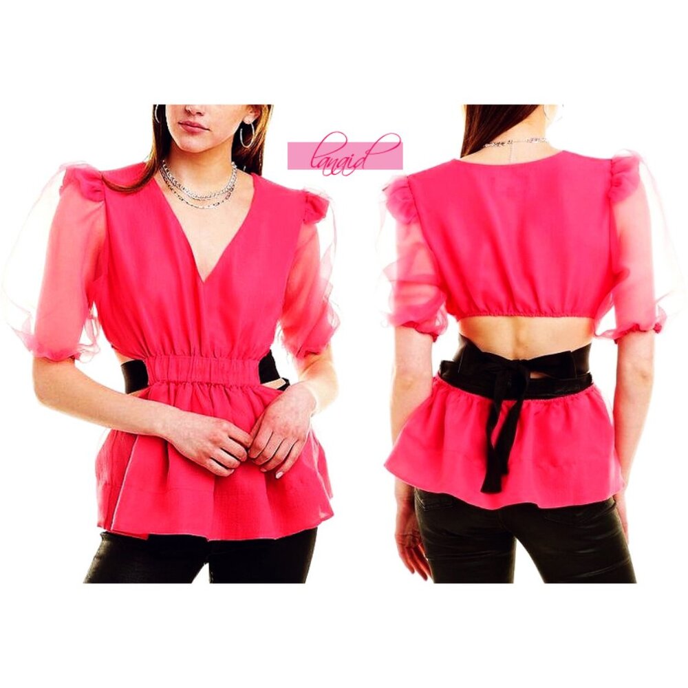 Cynthia Rowley Grace Organza Top Pink Black Open Cutout Back Puff Sleeve Peplum
